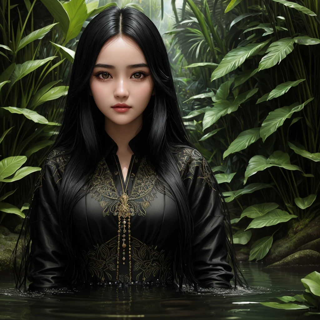 Masterpiece, teenage girl, long black hair, gorgeous face, black eyes, very detailed eyes, emphasising face and eyes, bathing in the river, rainforest background, 30k, exquisite clothing details, high detail, perfect lighting, cinema lighting, light.