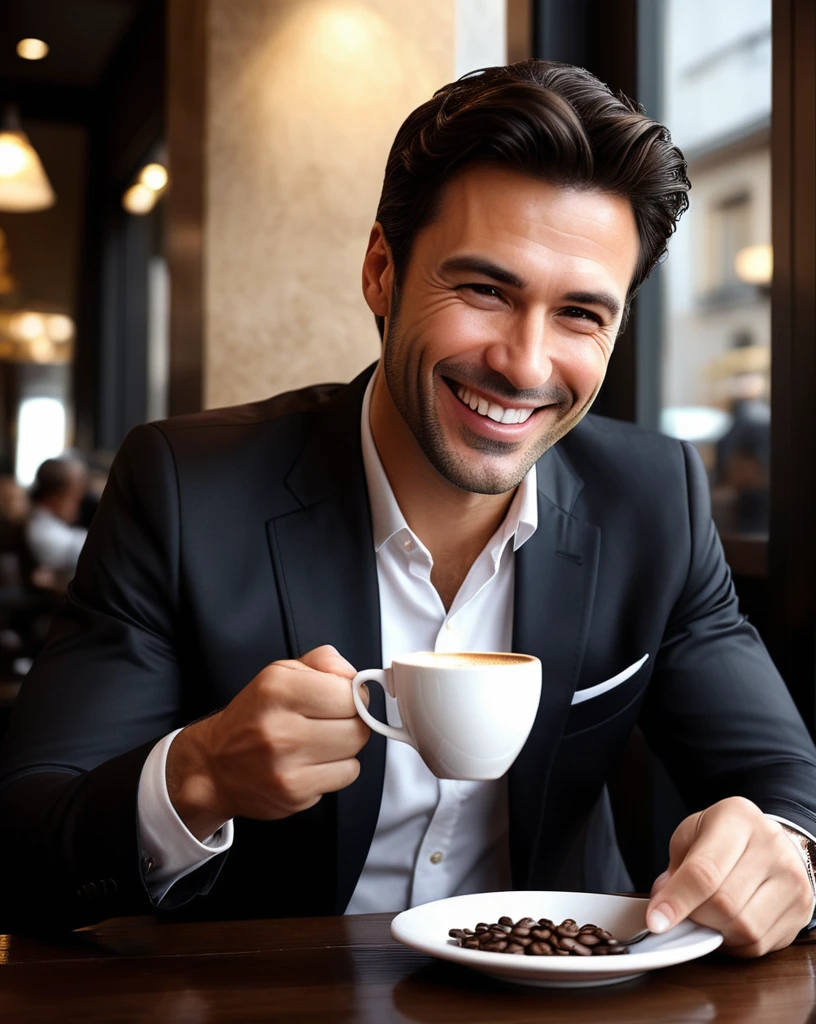 Italian Business man ordering coffee,dark brown hair, high quality,ultra-detailed, dramatic angle, big sly smile, perfect hands,