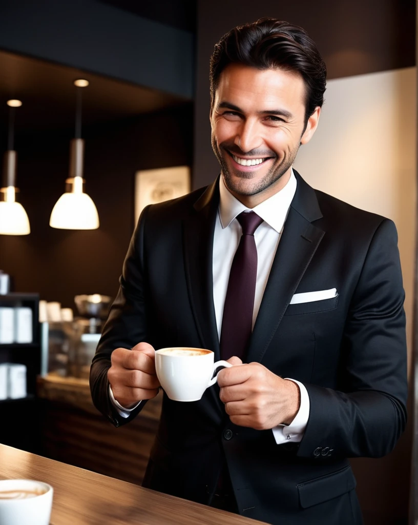 Italian Business man ordering coffee,dark brown hair, high quality,ultra-detailed, dramatic angle, big sly smile, perfect hands,