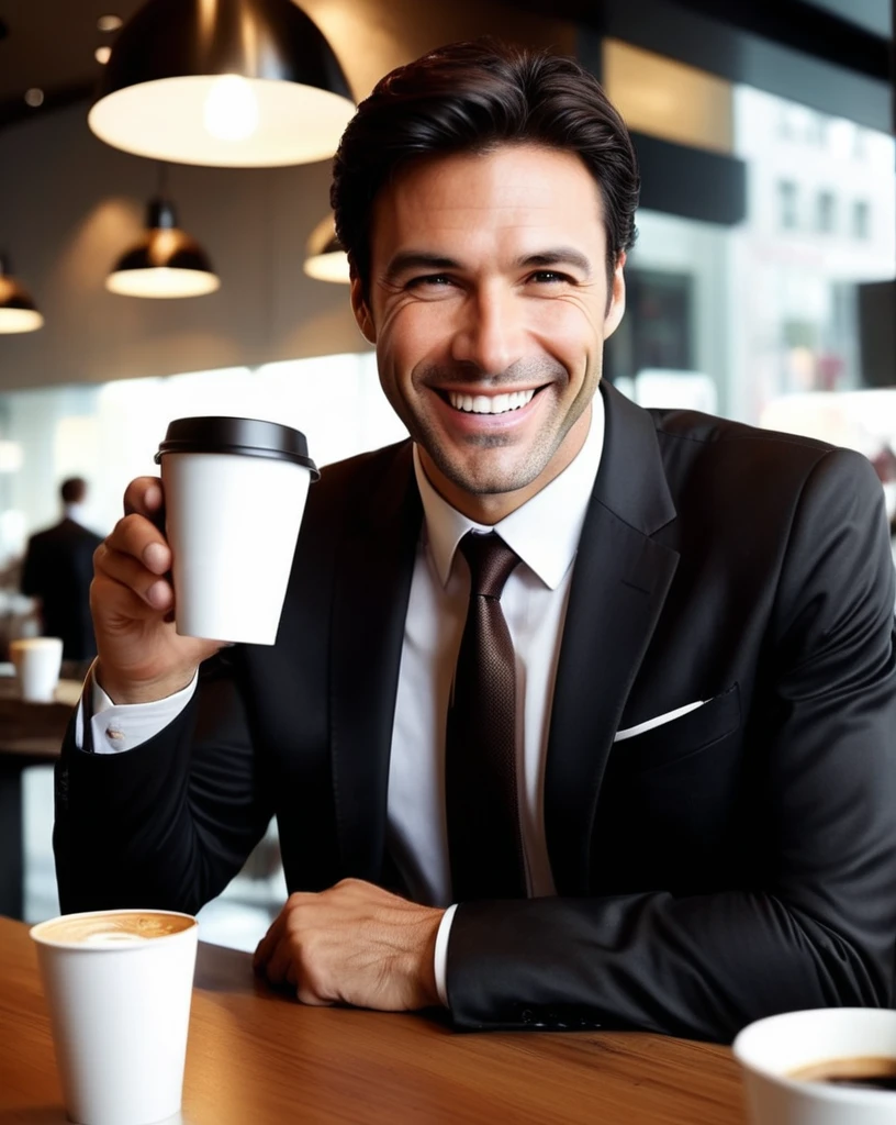 Italian Business man ordering coffee,dark brown hair, high quality,ultra-detailed, dramatic angle, big sly smile, perfect hands,