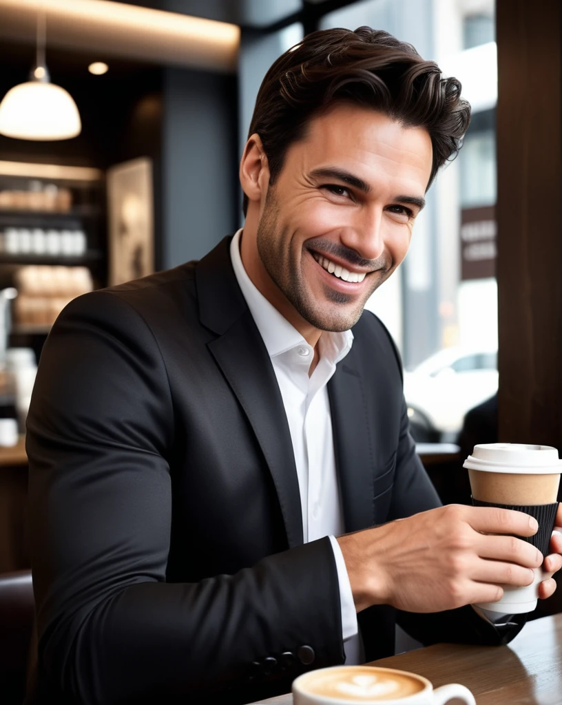 Italian Business man ordering coffee,dark brown hair, high quality,ultra-detailed, dramatic angle, big sly smile, perfect hands,