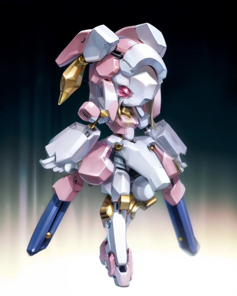 A solo pink and pupple Medabot with gold trim with no mouth and glowing eyes and long hair high ponytail, high detail, simple background, masterpiece,4k,8HD