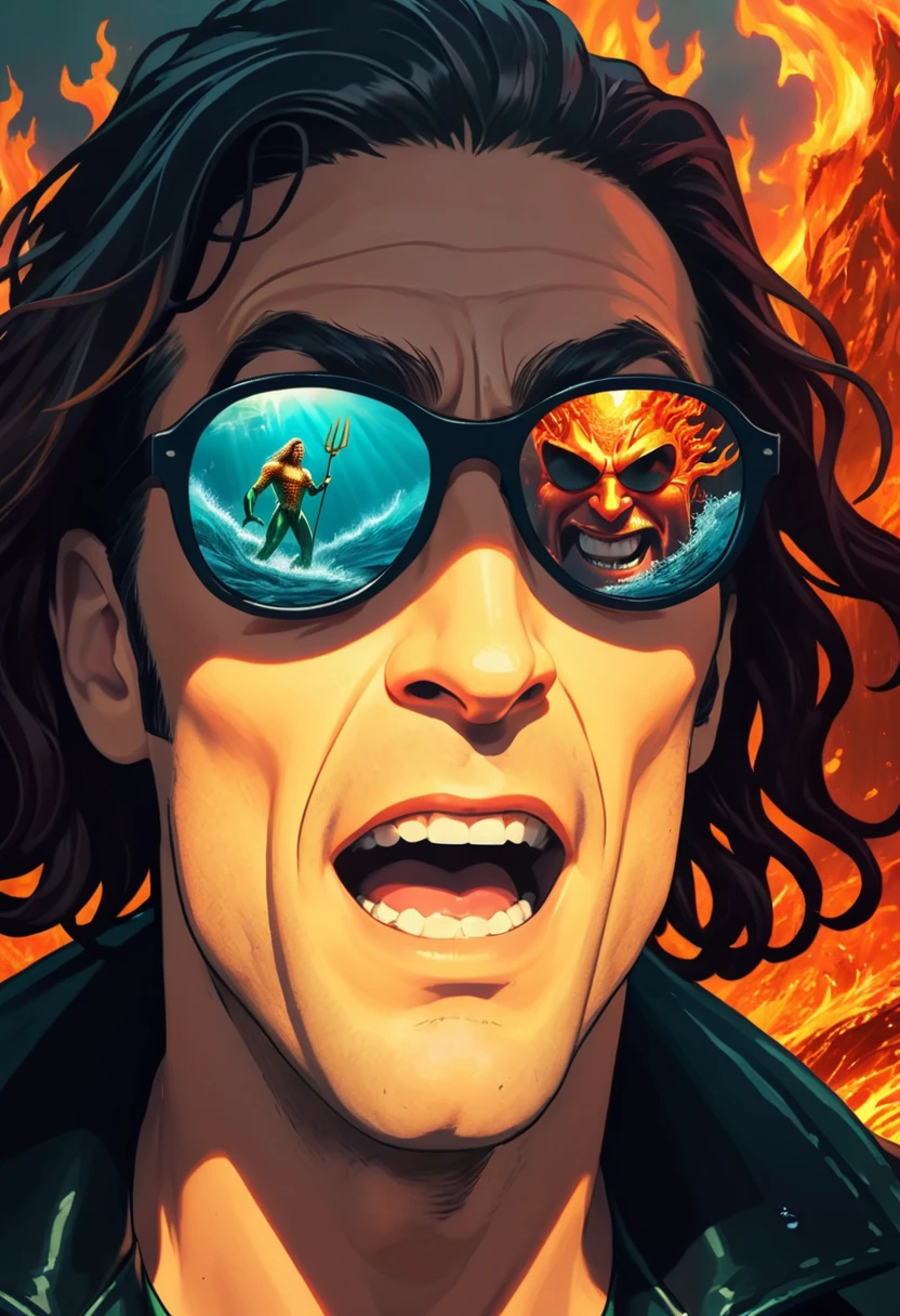Aquaman, sunglasses reflection of duality ocean and inferno, wordless, visually hilarious, cohesive, intense meme that conveys overwhelming joy