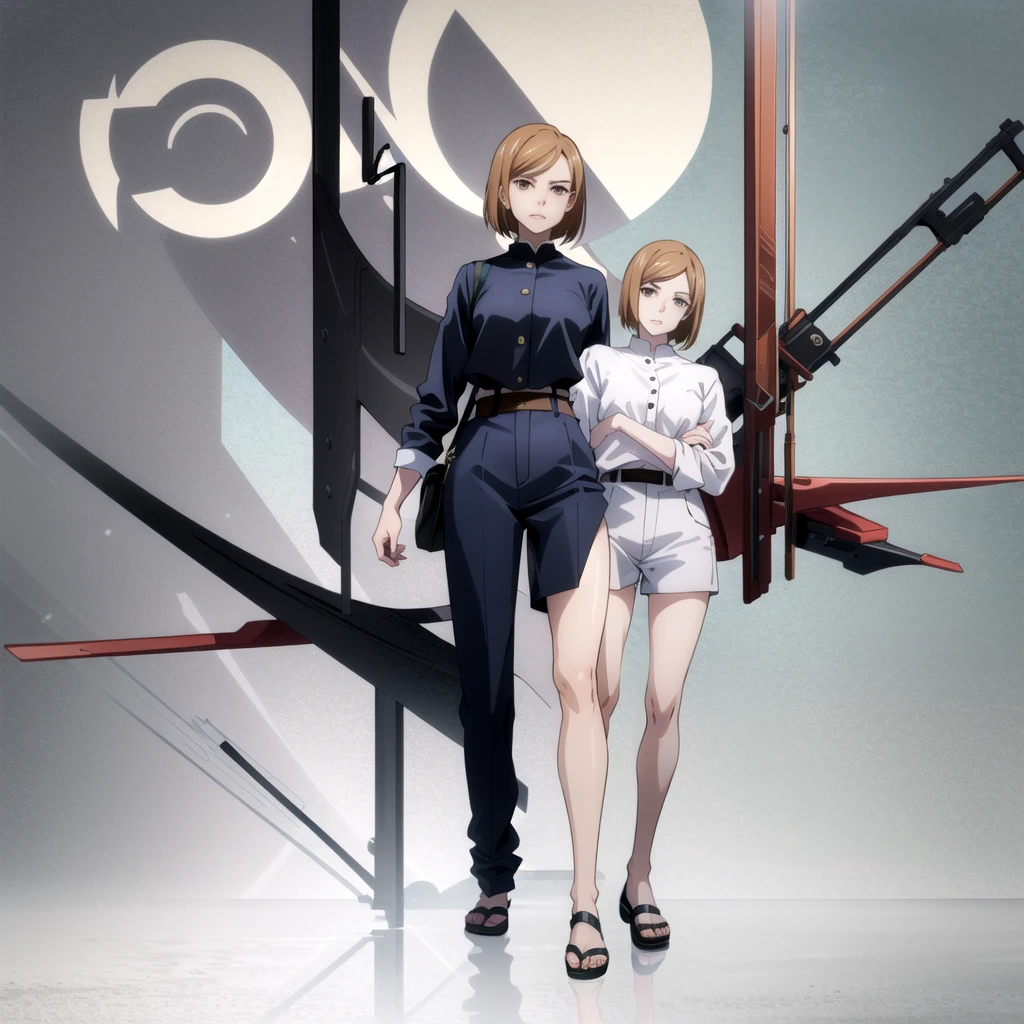 (tall body, tall, long legs, mature woman, mature, adult:1.2), EFT_etc._nobara, 1 girl, kugisaki nobara, alone, brown hair, brown eyes, short hair, portrait, closed mouth, bangs, looking at viewer, full body art, full body shot