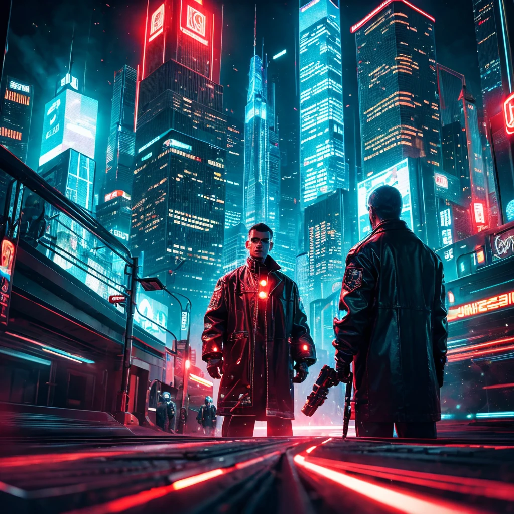 City of the cyber future in the style of Gouves, high quality computer graphics, several characters, complex scenes, full of competitive atmosphere, emphasizing futurism and technology, full of color, rich details, hard lines, and desperate expressions of characters