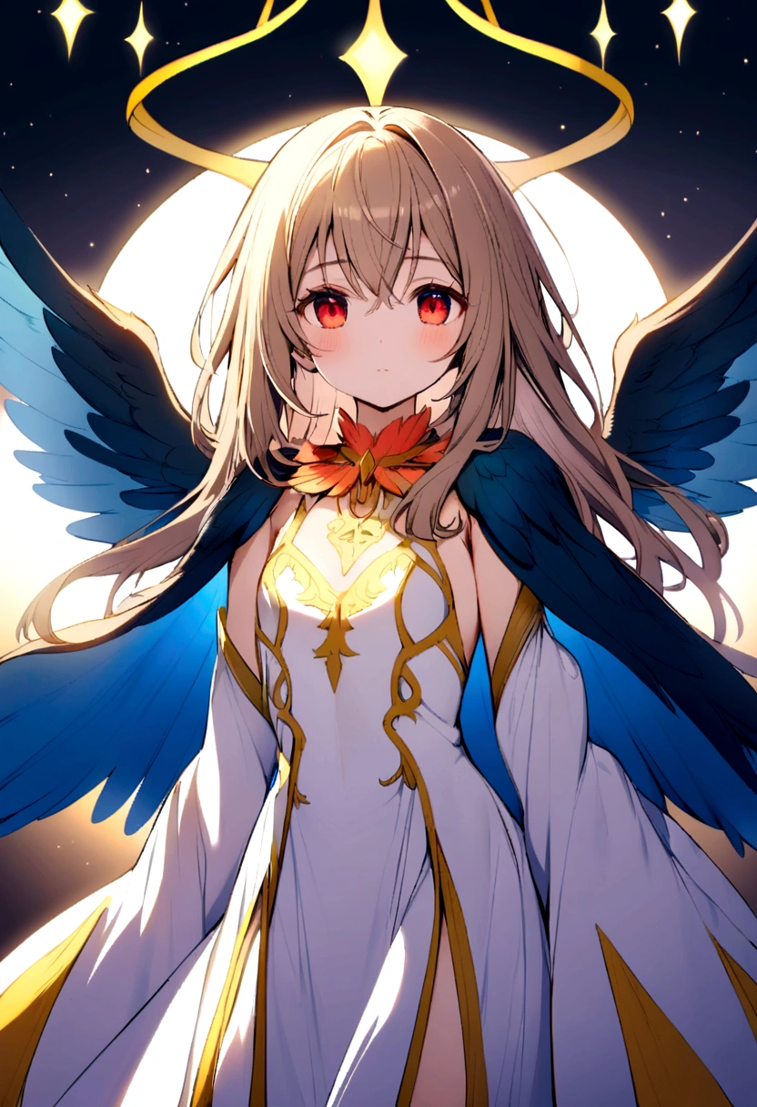 bird girl, white shoulder length hair, red eyes, orange feathered collar, white dress, blue wings instead of arms, small brown wings with yellow edges on shoulders