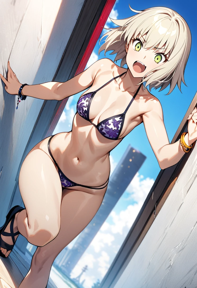 best quality, masterpiece, anime girl , young girl, , thick legs , 1girl, bangs, blonde hair, green eyes, short hair, excited face, perfect body form, perfect shot, full body, perfect anatomy, jeanne alter, fate grand order, small bikini, bikini, bracelet, bare legs, thong,