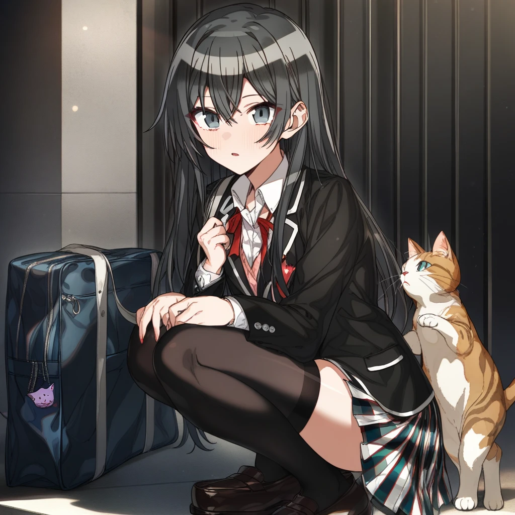 1girl, erere, absurdres, official art, absurdres, yahari ore no seishun lovecome wa machigatteiru., yukinoshita yukino, 1girl, bag, black eyes, black hair, black jacket, black thighhighs, blazer, cat, copyright name, jacket, loafers, long hair, looking at viewer, parted lips, plaid clothes, plaid skirt, pleated skirt, school bag, , shoes, shoulder bag, skirt, sobu high , solo, squatting, thighhighs, ((very aesthetic, best quality, ultra detailed)), rating:safe,