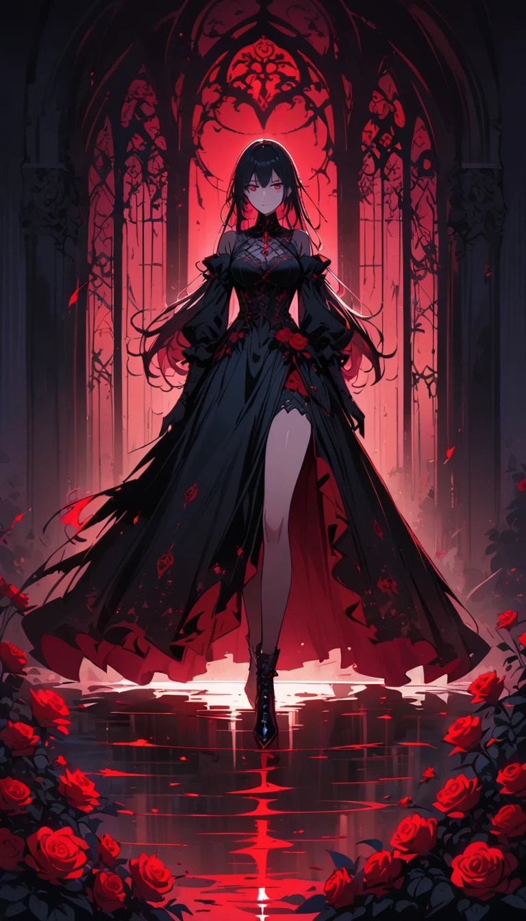 Dark and mysterious,night,Blood Rain,gothic anime girl,Let me show you the god of death!哥特式非同寻常的Artistic masterpiece,heavily clouded,unforgettably beautiful,Misty Moonlight,Strange shadow,Strong contrast,crawl,Artistic masterpiece,Detailed texture,dark palette,Ominous atmosphere,Impressive artistry,Fine details,Gothic architecture,Dramatic Lighting,Os tons vibrantes de vermelho,Ominous Numbers,Strange symbols,Surreal elements