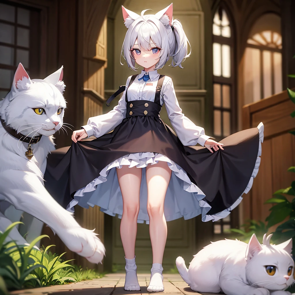 ((White socks)),barefoot,(Cat ear),(Cat's Tail),Cute little ,Tiny ,Small girl,,Childish face, Very fine clean face,Top quality, Big eyes,Straight Hair,Yellow hair,Crimson Eye,(Dark Room), Subtle light, Natural light,Soft lighting,Light from directly behind, (Are standing), Cute pose, (Open your hands), Showing the whole body,Front view,Black background