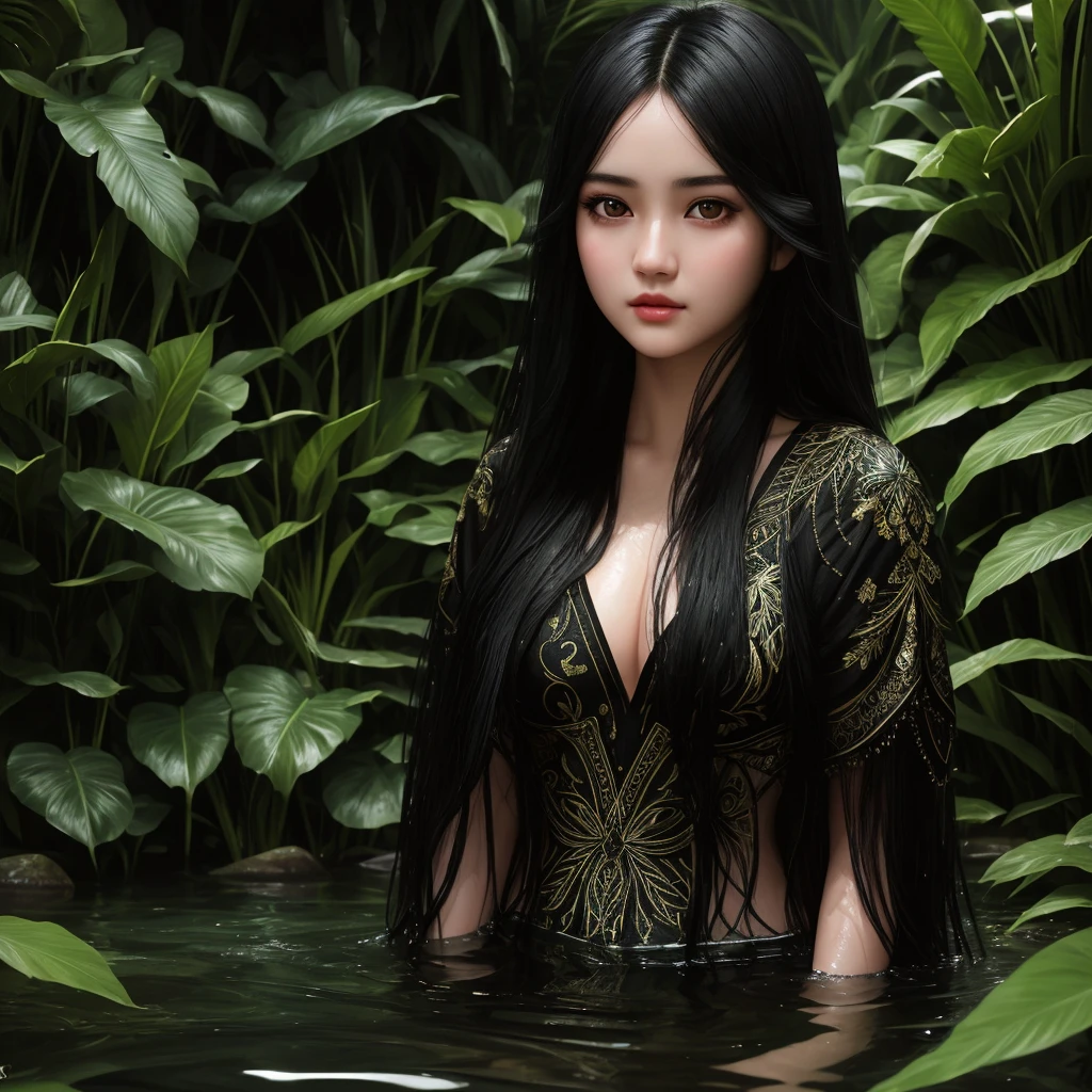 Masterpiece, teenage girl, long black hair, gorgeous face, black eyes, very detailed eyes, emphasising face and eyes, bathing in the river, rainforest background, 30k, exquisite clothing details, high detail, perfect lighting, cinema lighting, light.