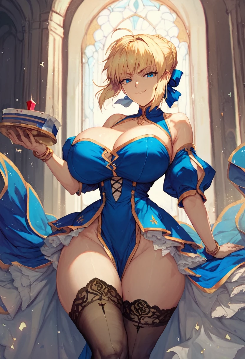 1girl, solo, masterpiece, best quality, detailed, narrow waist, wide hips, huge breasts, huge ass, , saber (fate), blonde_hair, smug, score_9, score_8_up, score_7_up, jewelry, blue dress, royal dress, thighhighs