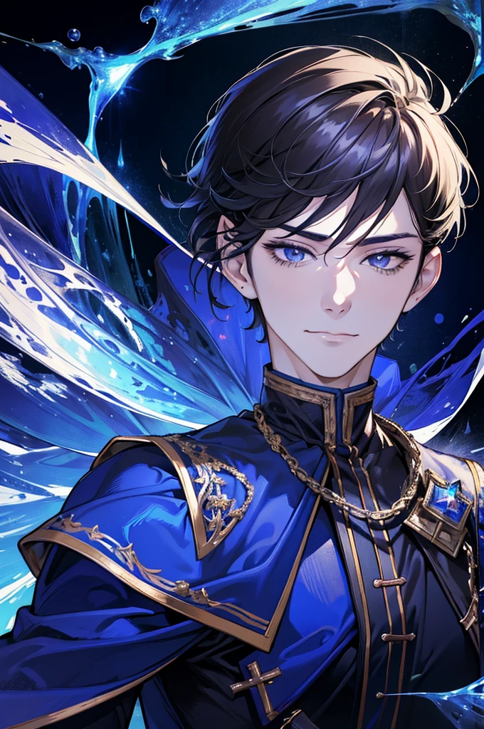 (absurdres, highres, ultra detailed), 1 male, adult, handsome, tall muscular guy, broad shoulders, finely detailed eyes, dark color hair, fantasy, complex pattern, detailed face, throne, magic effect, best ratio four finger and one thumb, ice, bitter cold, cold snap, smile, (dutch angle), closed mouth
