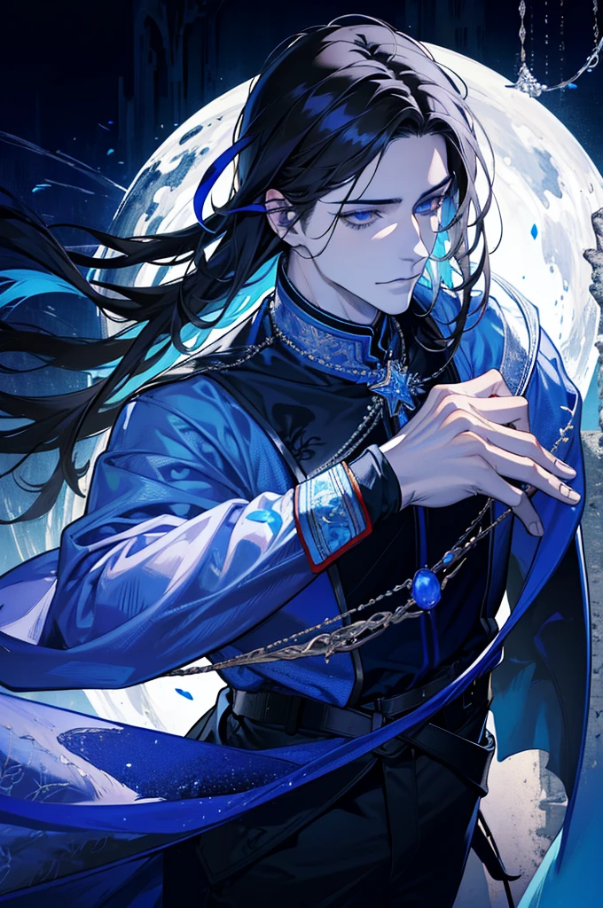 (absurdres, highres, ultra detailed), 1 male, adult, handsome, tall muscular guy, broad shoulders, finely detailed eyes, dark color hair, fantasy, complex pattern, detailed face, throne, magic effect, best ratio four finger and one thumb, ice, bitter cold, cold snap, smile, (dutch angle), closed mouth