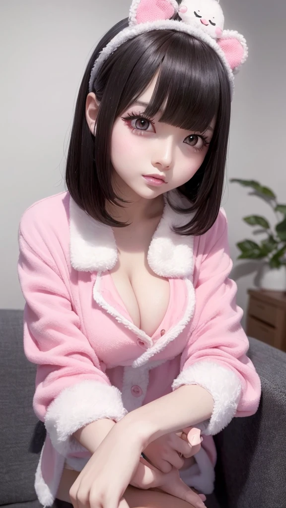 masterpiece、high quality、Oval Face、Long black straight hair、Heavy bangs、Cute girl wearing pink pajamas posing on sofa, Nightwear, Wearing pajamas, 白いWearing pajamas, Pink clothes, Wearing loose pajamas, (night:1.5, Dark Room:1.5, Dim lighting), Smooth, white, fluffy clothing、Cute face with arms and legochako, Brush Sticker, Big cleavage、gochako, Brush Sticker, Big cleavage、(Japanese jirai type girl:1.5, jirai type makeup:1.3)、