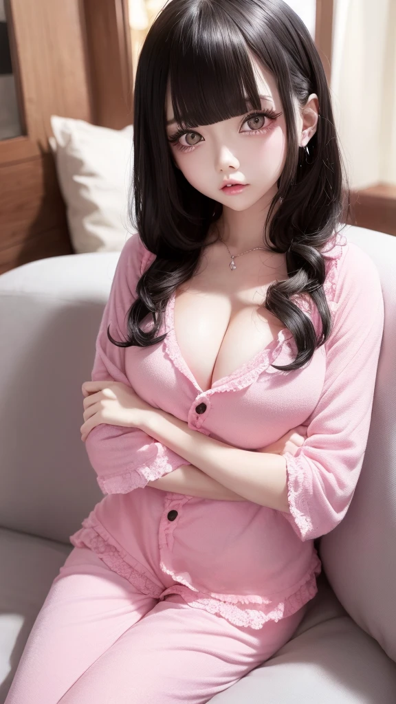masterpiece、high quality、Oval Face、Long black straight hair、Heavy bangs、Cute girl wearing pink pajamas posing on sofa, Nightwear, Wearing pajamas, 白いWearing pajamas, Pink clothes, Wearing loose pajamas, (night:1.5, Dark Room:1.5, Dim lighting), Smooth, white, fluffy clothing、Cute face with arms and legochako, Brush Sticker, Big cleavage、gochako, Brush Sticker, Big cleavage、(Japanese jirai type girl:1.5, jirai type makeup:1.3)、