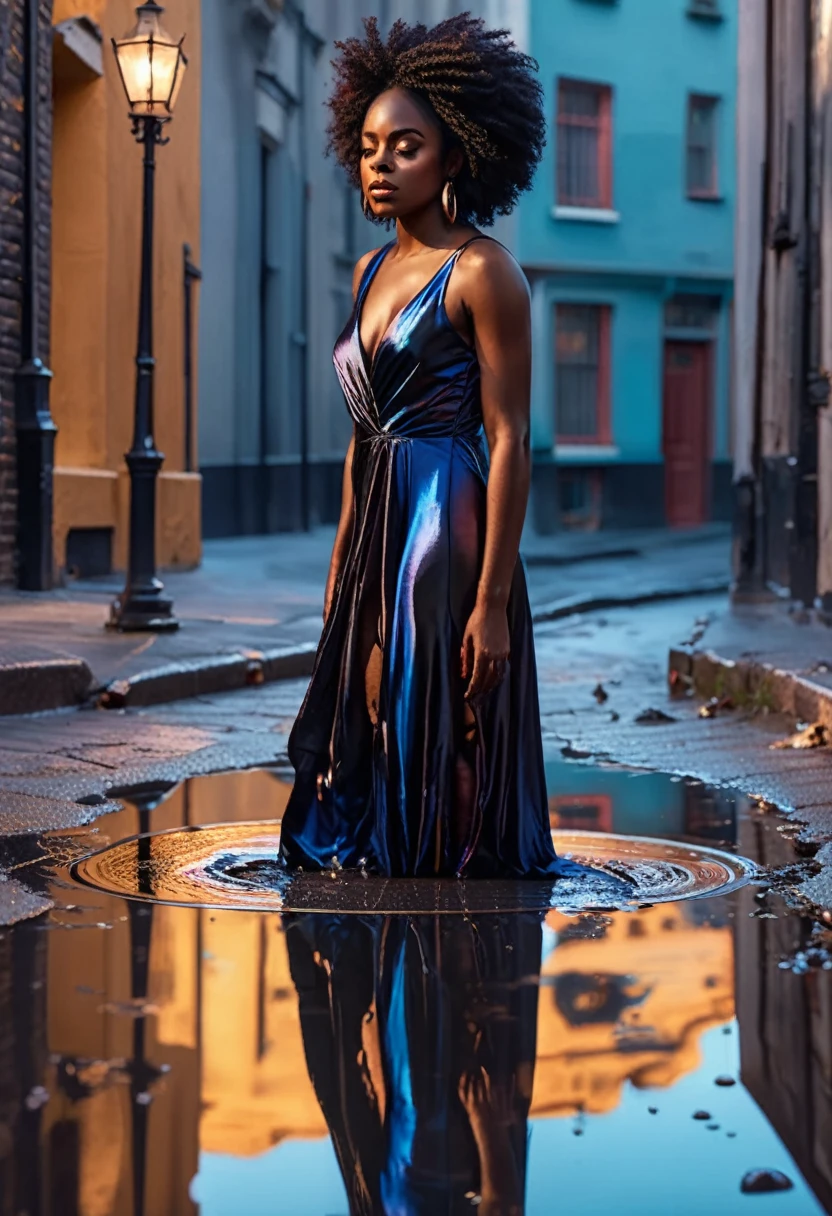 Create an artwork of the character and her image in the reflection showcasing opposite moods, (((image 1 of a black woman in vibrant silk dress staring at her reflection in a puddle of water on the ground)))) image 2 is the reflection of the same black woman, same facial features but wearing different dark silk dress. The artwork showcases different perspectives of the character in vibrant look & their reflection in a dark moody look.
