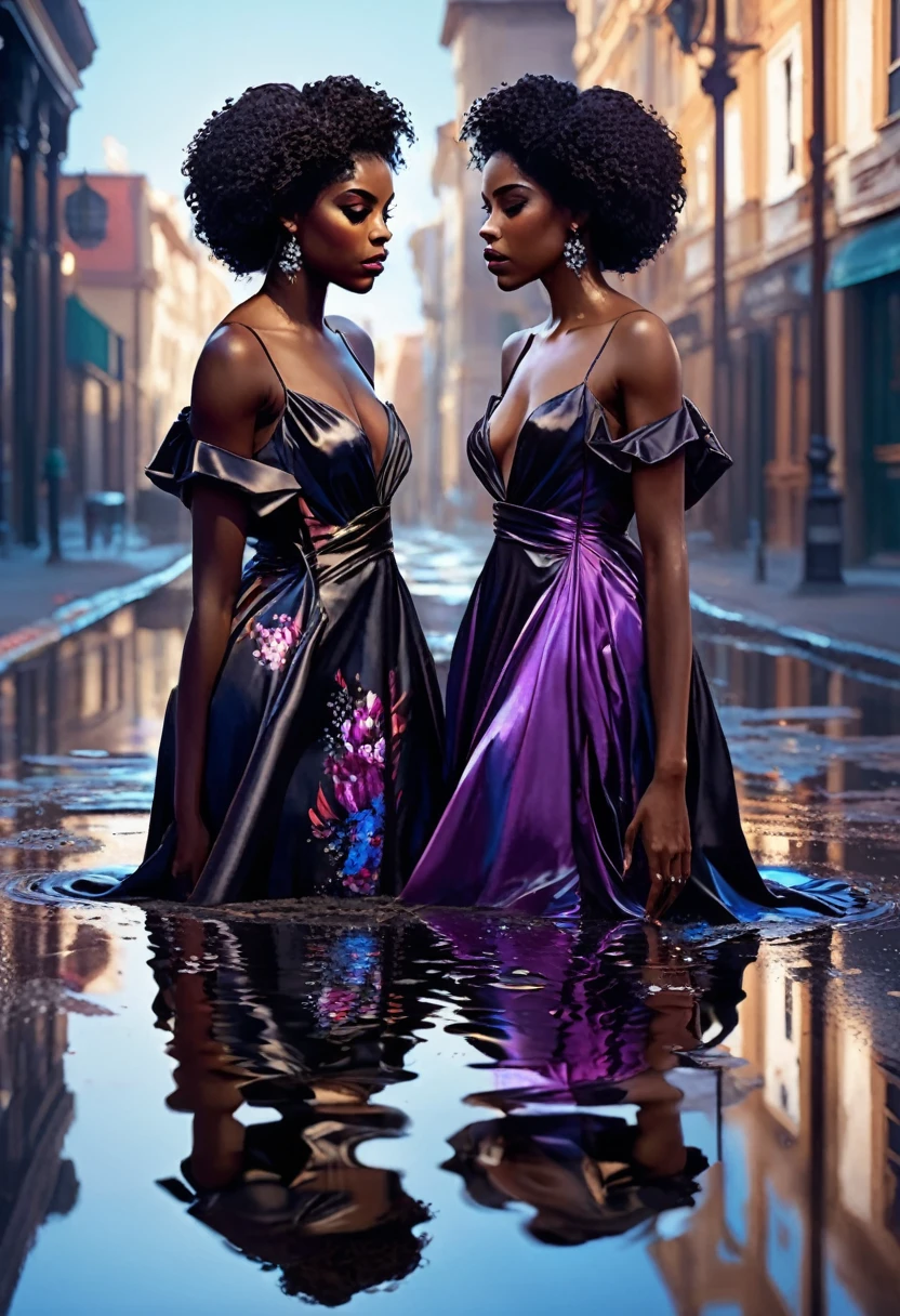 Create an artwork of the character and her image in the reflection showcasing opposite moods, (((image 1 of a black woman in vibrant silk dress staring at her reflection in a puddle of water on the ground)))) image 2 is the reflection of the same black woman, same facial features but wearing different dark silk dress. The artwork showcases different perspectives of the character in vibrant look & their reflection in a dark moody look.