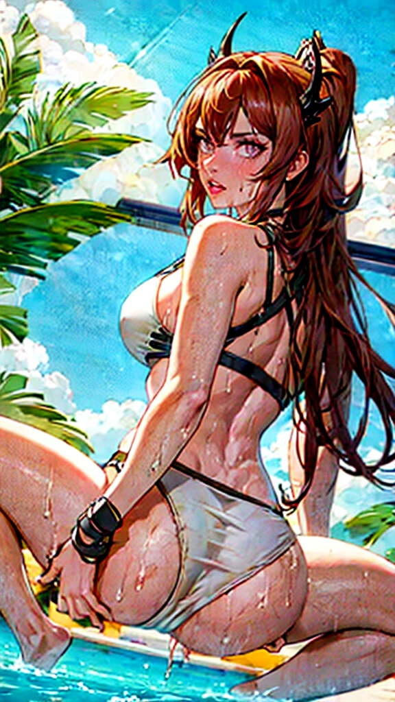 lighting like a film, maximum quality, (1 woman), School swimwear, squatting and spreading legs, spreading legs, ashamed of, school pool, Eyes from below, full of sweat, A brunette, Wearing sweat, which butt