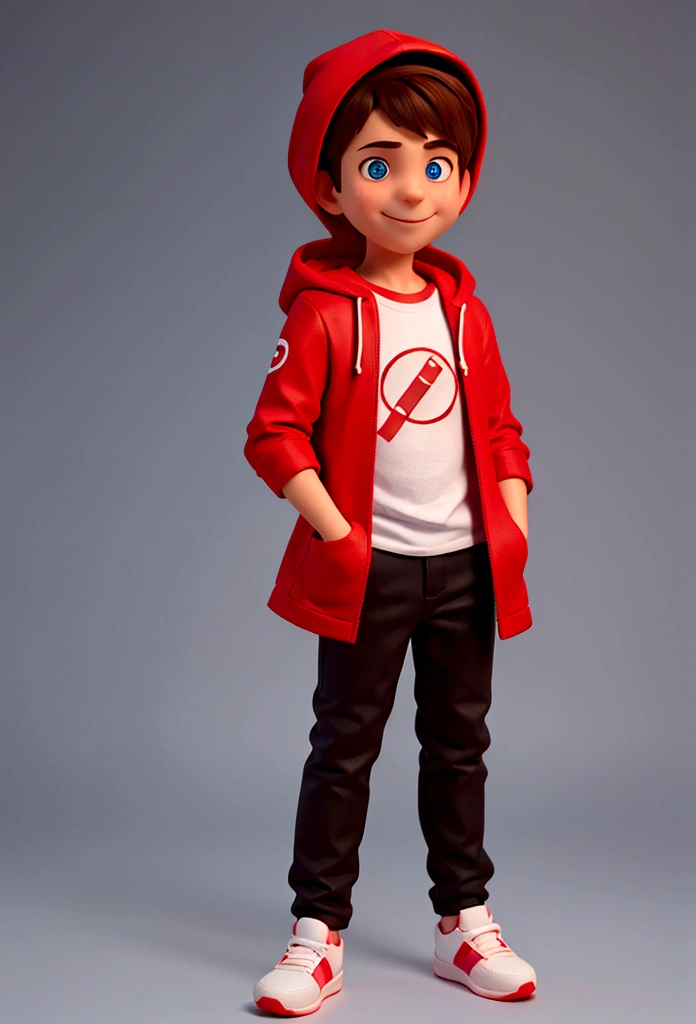 The image features a realistic boy against a dark background. The character has brown hair, blue eyes, wearing a red jacket with a hood, underneath the jacket is a white t-shirt, black pants and pink sneakers. Make him have his hands on his hips, the character is a boy, his entire body should appear in the image. The character's pose is friendly and welcoming, make him smile and be happy, make him realistic