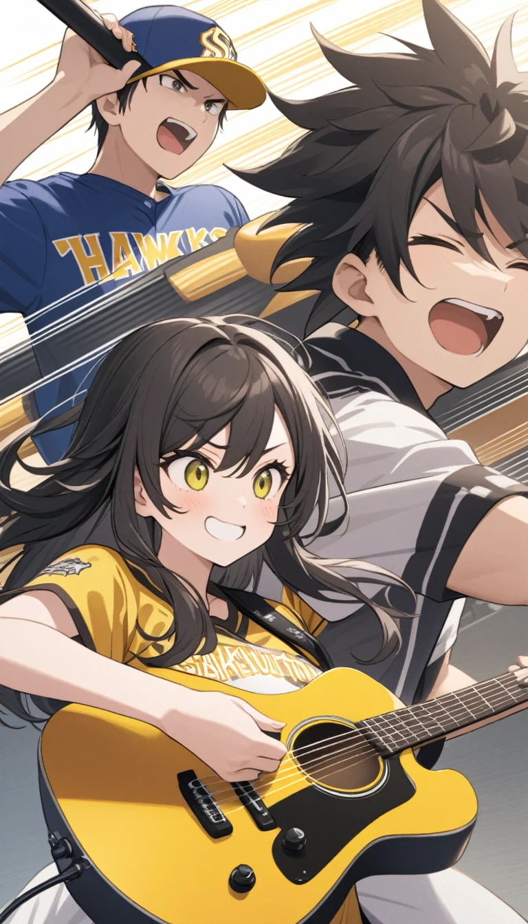A black-haired girl playing electric guitar and a boy vocalist in a three-piece band、Wearing a revolution yellow Fukuoka SoftBank Hawks baseball cap、Wearing a revolution yellow Fukuoka SoftBank Hawks baseball shirt、sing shout、Speed、Spiky Hair、
