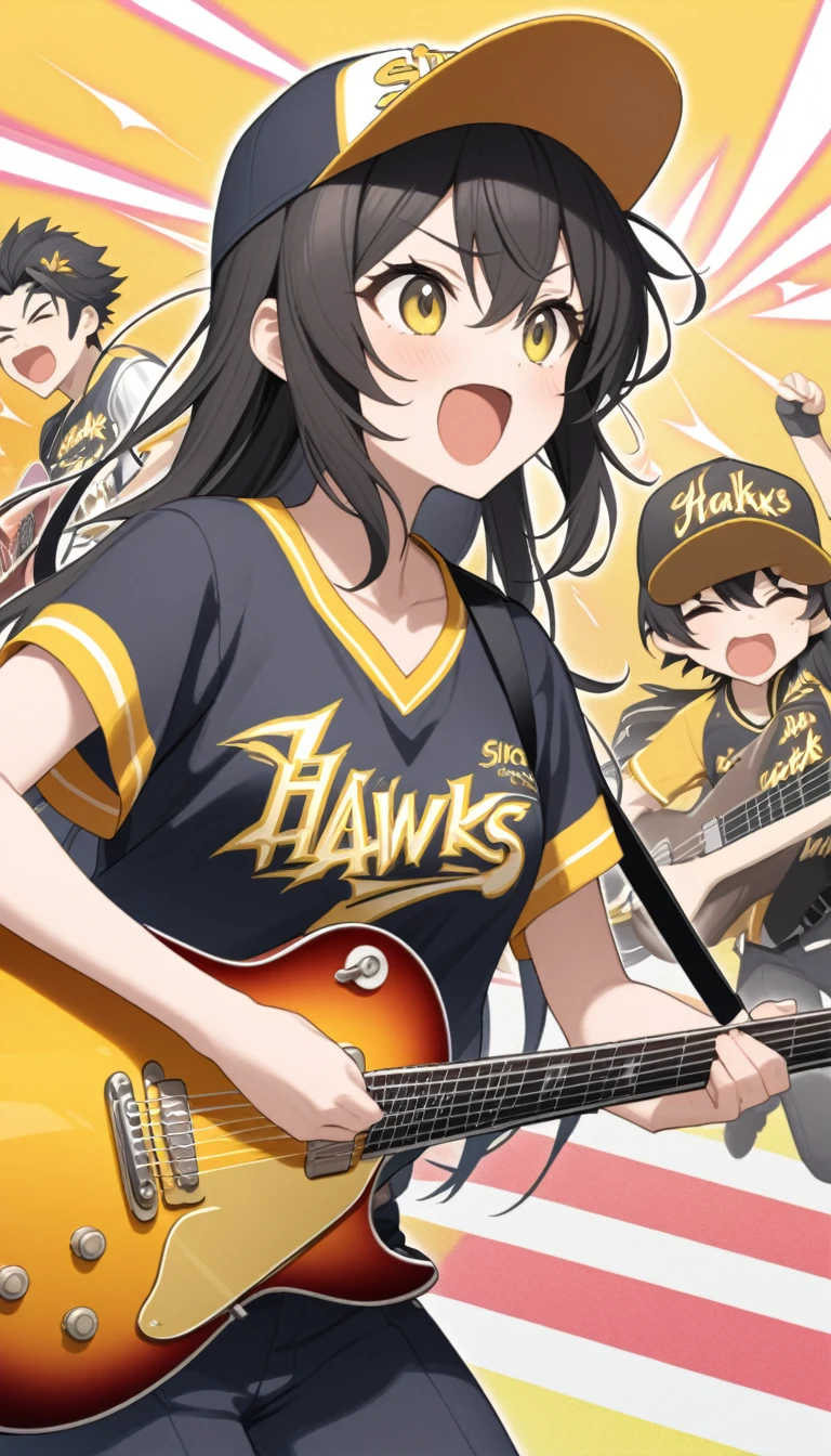 A black-haired girl playing electric guitar and a boy vocalist in a three-piece band、Wearing a revolution yellow Fukuoka SoftBank Hawks baseball cap、Wearing a revolution yellow Fukuoka SoftBank Hawks baseball shirt、sing shout、Speed、Spiky Hair、