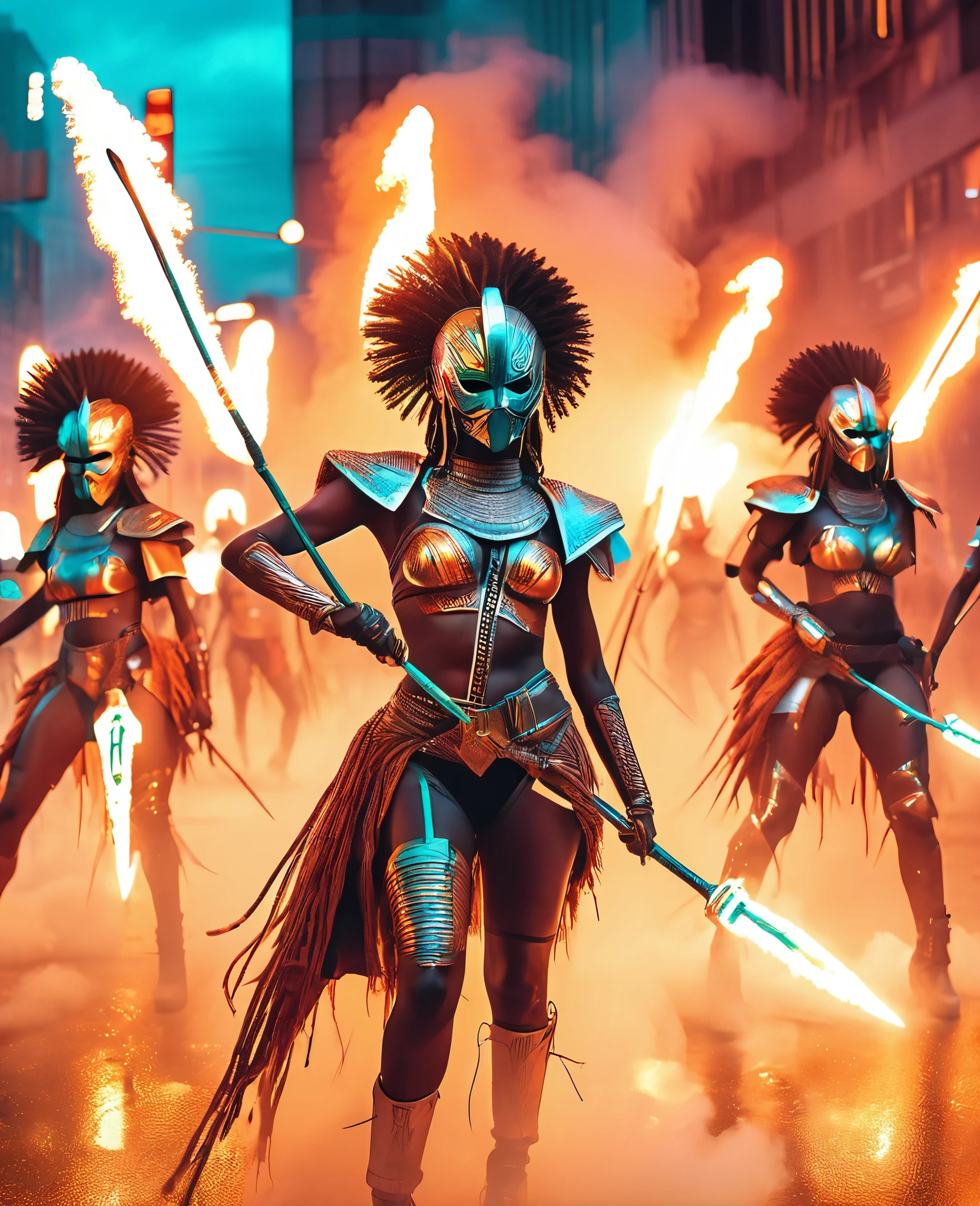 an army of African female warriors wearing masks and african designed costumes, holding futuristic glowing spears, fighting police in an orange tear gas smoke covered dystopian city, revolutionary art concept, light shining from the futuristic glowing spears providing an orange teal cinematic colour grading, 32k, ultra HD