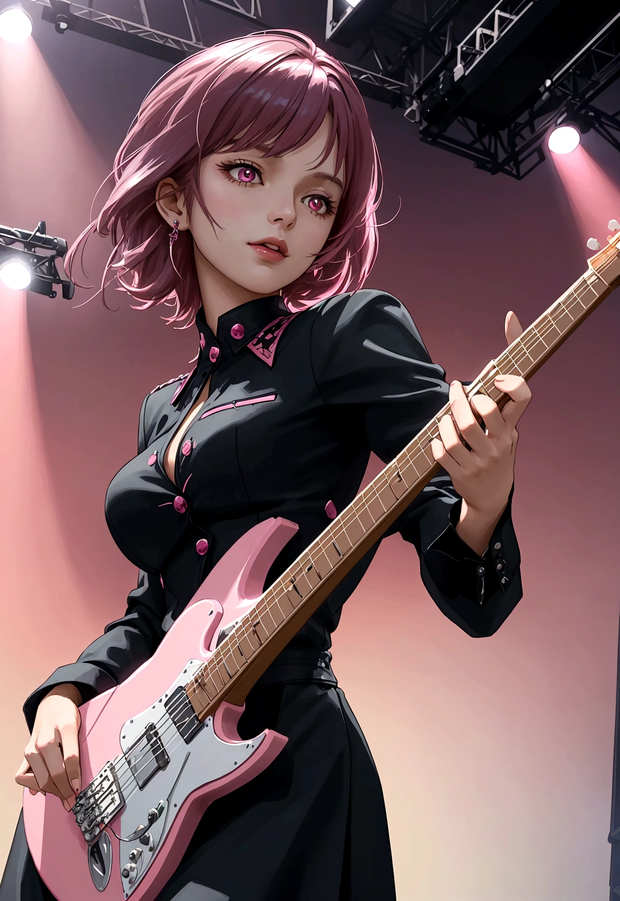 1 lady only, (from below), standing, (playing electric guitar:1.1), (dynamic pose), (rock outfit) elegant suit, mature woman, /(dark pink hair/) hits, (light smile:0.6), worthy, (Masterpiece Best Quality:1.2) ultra detailed delicate illustration, big breasts BREAK (live music stage) inside, sharp lighting, stand out, detailed background