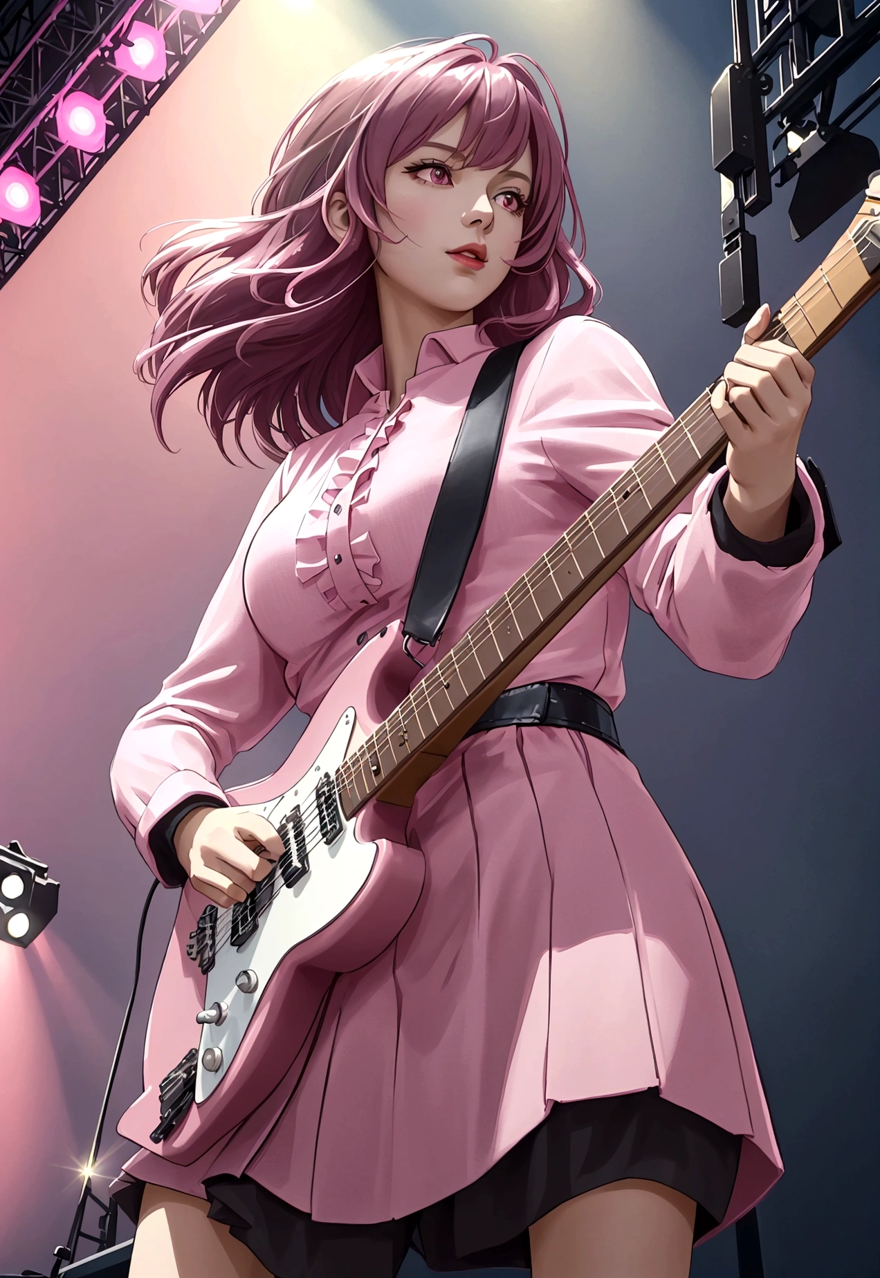 1 lady only, (from below), standing, (playing electric guitar:1.1), (dynamic pose), (rock outfit) elegant suit, mature woman, /(dark pink hair/) hits, (light smile:0.6), worthy, (Masterpiece Best Quality:1.2) ultra detailed delicate illustration, big breasts BREAK (live music stage) inside, sharp lighting, stand out, detailed background