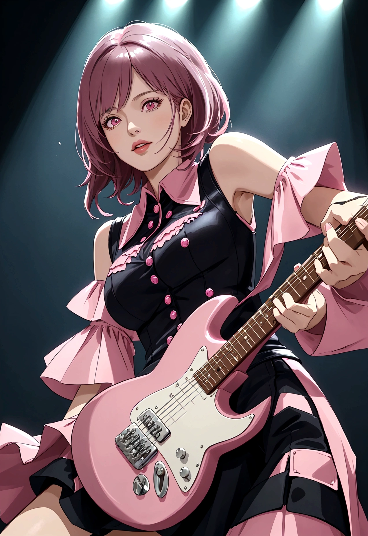 1 lady only, (from below), standing, (playing electric guitar:1.1), (dynamic pose), (rock outfit) elegant suit, mature woman, /(dark pink hair/) hits, (light smile:0.6), worthy, (Masterpiece Best Quality:1.2) ultra detailed delicate illustration, big breasts BREAK (live music stage) inside, sharp lighting, stand out, detailed background