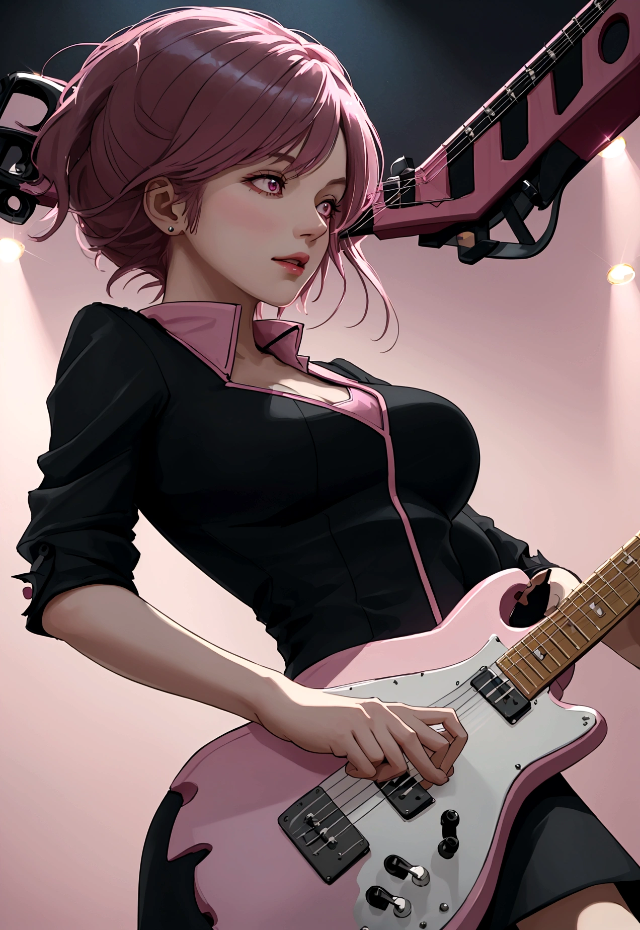 1 lady only, (from below), standing, (playing electric guitar:1.1), (dynamic pose), (rock outfit) elegant suit, mature woman, /(dark pink hair/) hits, (light smile:0.6), worthy, (Masterpiece Best Quality:1.2) ultra detailed delicate illustration, big breasts BREAK (live music stage) inside, sharp lighting, stand out, detailed background