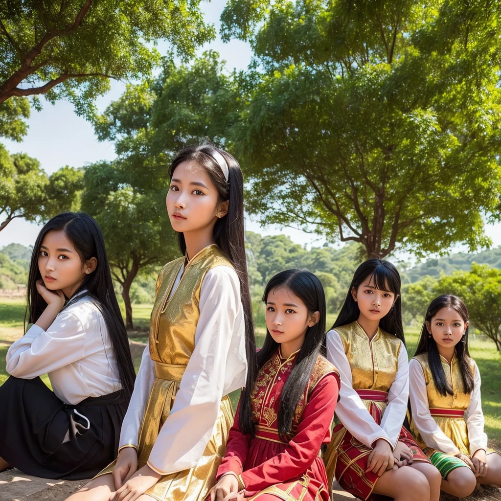 four girls in Myanmar traditional custom design are sitting under a shady big tree near a village. They have long black hair, wearing long sleeve Myanmar traditional dress, black eyes, ancient village buildings on the background, birds, river, realistic quality 