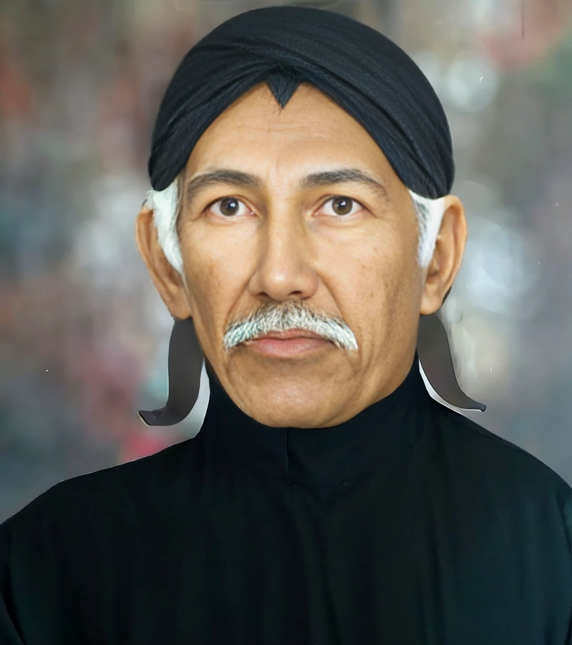 Indonesian Muslim man, wearing a dark colored blangkon and clothes, Javanese nuances, dark brown skin with wrinkles on the forehead, aged 45 years or over, gray hair and mustache, natural black eyes, slightly slanted eyes, sharp nose and lips thick bottom. HD realistic images