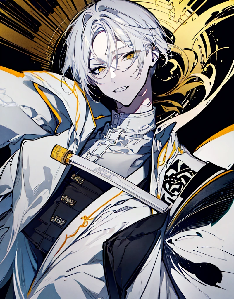 High resolution　male　Character portrait　whole body　White background　Close ~ eyes　Suspicious Laughter　Lift the corners of your mouth　tall　Silver Hair　Yellow Eyes　Chinese style black clothes　sunglasses　smile　Putting a cigarette in your mouth　Double teeth　Grinning face
