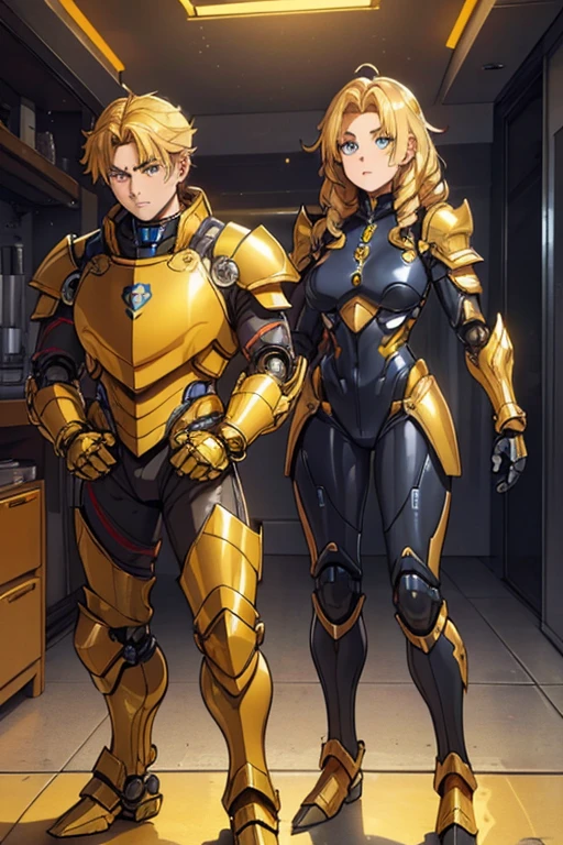 female, golden yellow body, brown mane, blue eyes, robotic, robot, (((1boy))), (((golden yellow metal armor))), (black clawed cybernetic gauntlets), (black cybernetic boots)