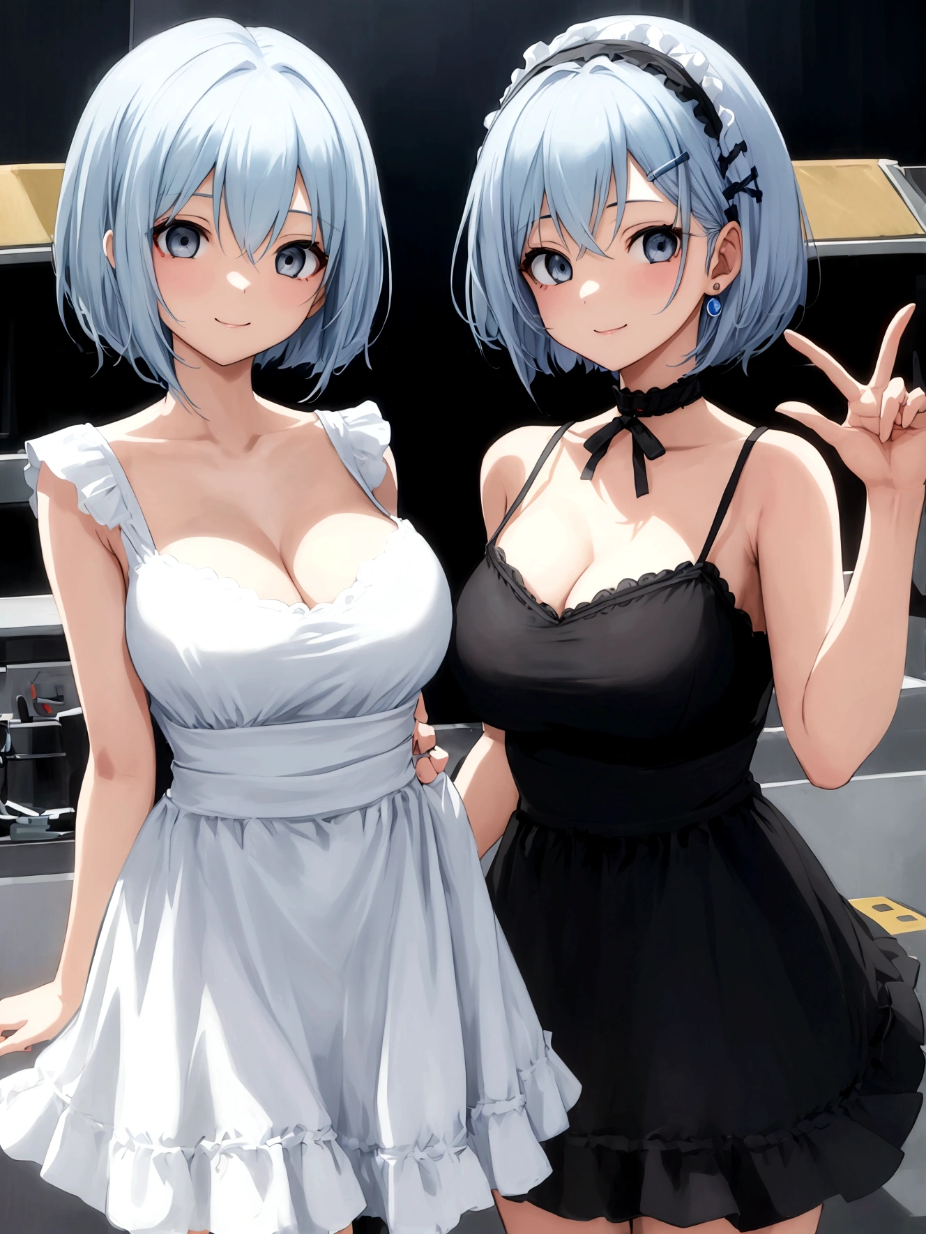 Highest quality、High resolution、masterpiece、Cute anime-style illustrations、One image、One Woman、Light blue hair、Short Bob、Grey Eyes、White Cami Dress、Big Breasts、Stylish older sister、smile、city