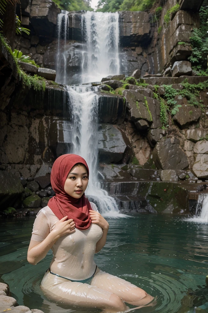 A beautiful Indonesian woman with a Korean face wearing a long Muslim hijab is playing in the water at a waterfall bath with a handsome man. Waterfall view background