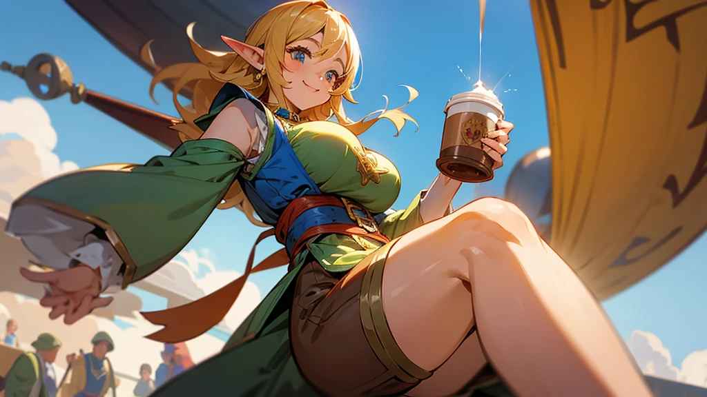 Anime Style,Nostalgic,Detailed background,The medieval world,A lively balloon filled with people,Smiling bard beautiful elf girl holding coffee,Large Breasts,Healthy thighs,Underarm