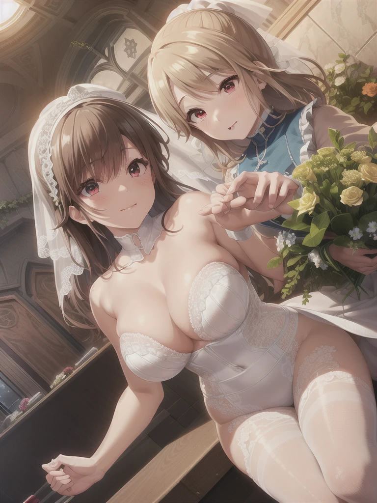 A girl,Long hair, Bangs, Orange Hair, Hair between the eyes, (Red Eyes:1.5), (Large Breasts:1.2),
rest 锁骨, Wedding dress,veil,wedding,White Dress,Flowers,The skirt is broken,White socks,Tights,Black knee socks,
Looking at the audience, whole body,Put your hands in front of you,手拿Flowers,
indoors, church,permanent,permanent,
rest (masterpiece:1.2), best quality, high resolution, Unity 8K wallpaper, (illustration:0.8), (Beautiful and delicate eyes:1.6), Extremely detailed face, Perfect lighting, Extremely detailed CG, (Perfect hands, Perfect anatomical structure),