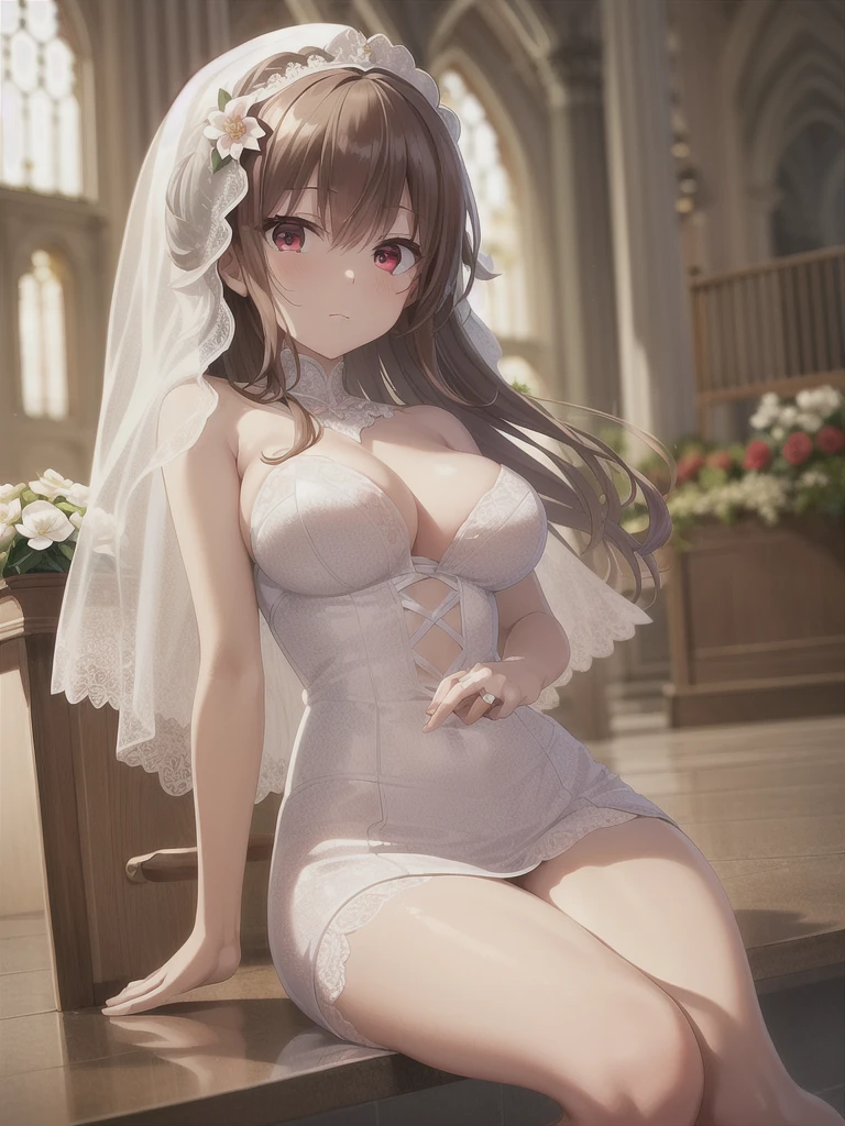 A girl，Long hair, Bangs, Orange Hair, Hair between the eyes, (Red Eyes:1.5),  (Large Breasts:1.2), 
rest  锁骨, Wedding dress，veil，wedding，White Dress，Flowers，The skirt is broken，White socks，Tights，Black knee socks，
Looking at the audience, whole body,Put your hands in front of you，手拿Flowers，
indoors, church，permanent，permanent，
rest (masterpiece:1.2), best quality, high resolution, Unity 8K wallpaper, (illustration:0.8), (Beautiful and delicate eyes:1.6), Extremely detailed face, Perfect lighting, Extremely detailed CG, (Perfect hands, Perfect anatomical structure),