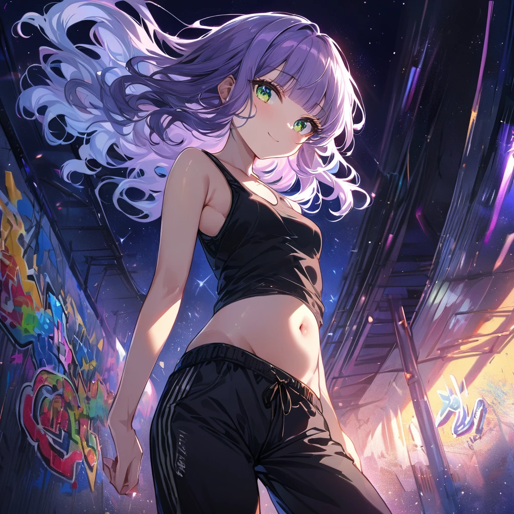a masterpiece, beautiful eyes, a beautiful face, beautiful depiction, details, solid blue Skyscrapers background, ultra detailed, 8K,The effect of cracked glass in the foreground, pale-purple hair, a dynamic angle, wavy hair blowing in the wind, blunt bangs hair, black and green eyes,small breast, A black tank top showing her slim belly, black drawstring pants, black ballet shoes, full body shot, A starry sky, a gentle smile, Graffiti art, dimly lit underpass, light coming from behind her, look at viewer, pale colors,