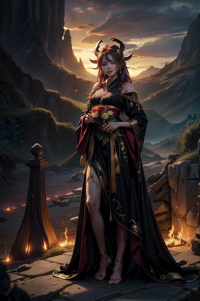 ((4k, Masterpiece, Best Quality)), heart, Hanfu violeta, black and gold, Maxiskit, dress conservatively ****ung woman, Alone, cabello largo violeta dark, green eyes, red flower hair ornament, goat horns on his head, SMILE, standing, barefoot. volcanoes background, enough, dark.