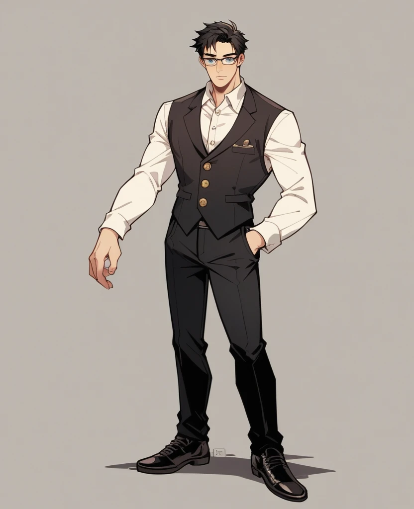 A handsome boy with black hair and blue eyes with mature glasses and fancy three-piece suit. A black, borderline gray, jacket and a vest of the same color over a clean-white shirt with golden buttons fitted across. For the lower torso, there were black premium pants that gave off a clean feel and finally a pair of elegant black leather shoes.