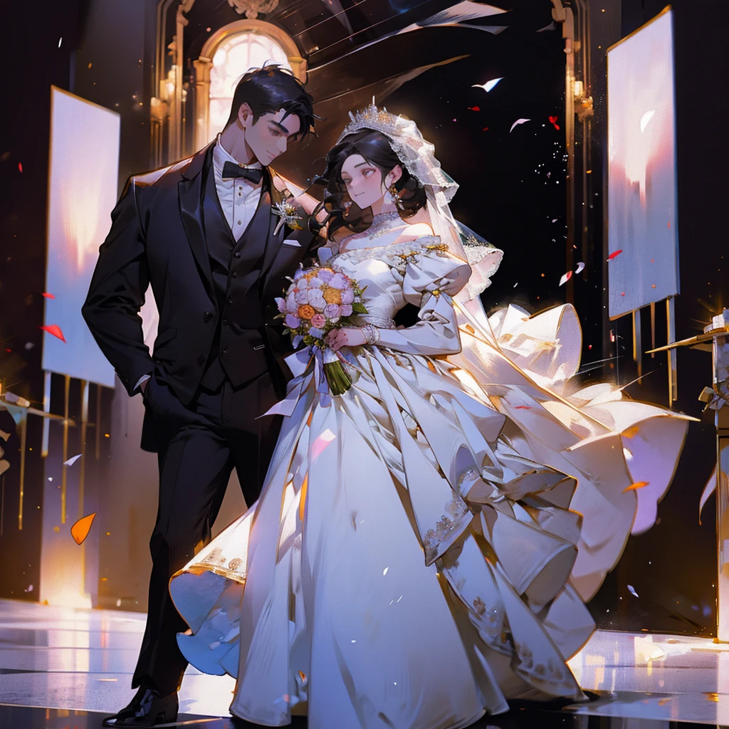 Wedding scene，The bride in a white wedding dress is walking towards me with a bouquet of flowers，Groom with his back to the camera，Black Hair，Cold expression