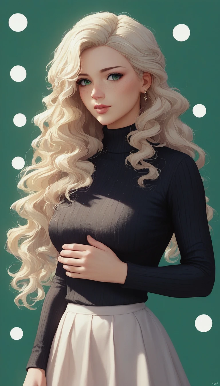 Ultra-realistic CG K ,((premium、8k、32k、Masterpiece、NFFSW:1.3)), (superfine illustration)、(super high resolution), (((adult body))), (Masterpiece, Best Quality:1.2),a beautiful girl，Skin details processing..，The eyes are finely described..，delicate hair，long wavy hair，long light hair，She has a big bow on her head.，black sweater，white dots，Skirt，green，clean background