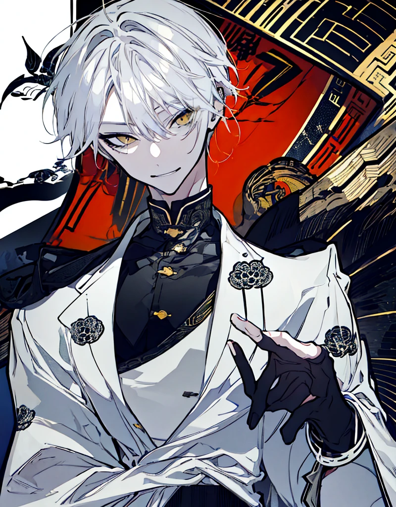 High resolution　male　Character portrait　whole body　White background　Close ~ eyes　Suspicious Laughter　Lift the corners of your mouth　tall　Silver Hair　Yellow Eyes　Chinese style black clothes　sunglasses　smile　Putting a cigarette in your mouth　Double teeth　Grinning face
