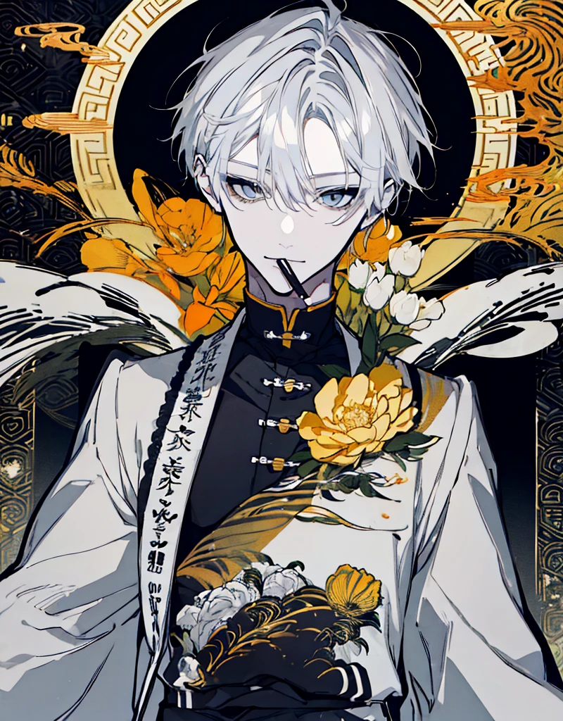High resolution male Character portrait whole body White background Close ~ eyes Suspicious Laughter Lift the corners of your mouth tall Silver Hair Yellow Eyes Chinese style black clothes sunglasses smile Putting a cigarette in your mouth Double teeth Grinning face