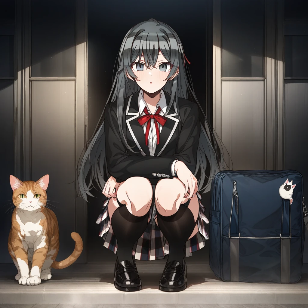 1girl, erere, absurdres, official art, absurdres, yahari ore no seishun lovecome wa machigatteiru., yukinoshita yukino, 1girl, bag, black eyes, black hair, black jacket, black thighhighs, blazer, cat, copyright name, jacket, loafers, long hair, looking at viewer, parted lips, plaid clothes, plaid skirt, pleated skirt, school bag, , shoes, shoulder bag, skirt, sobu high , solo, squatting, thighhighs, ((very aesthetic, best quality, ultra detailed)), rating:safe, straight-on