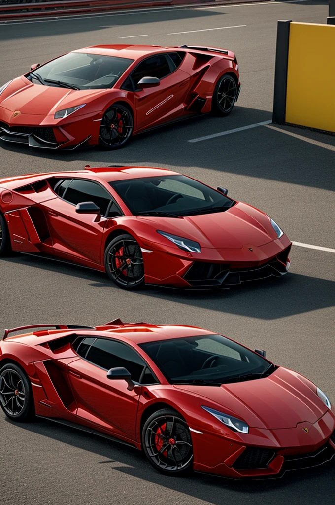 An advertising van that says "VALLA 28 MOY",red Lamborghini brand with yellow, parking environment with more vans, HYPERREALISTIC rendering 32k