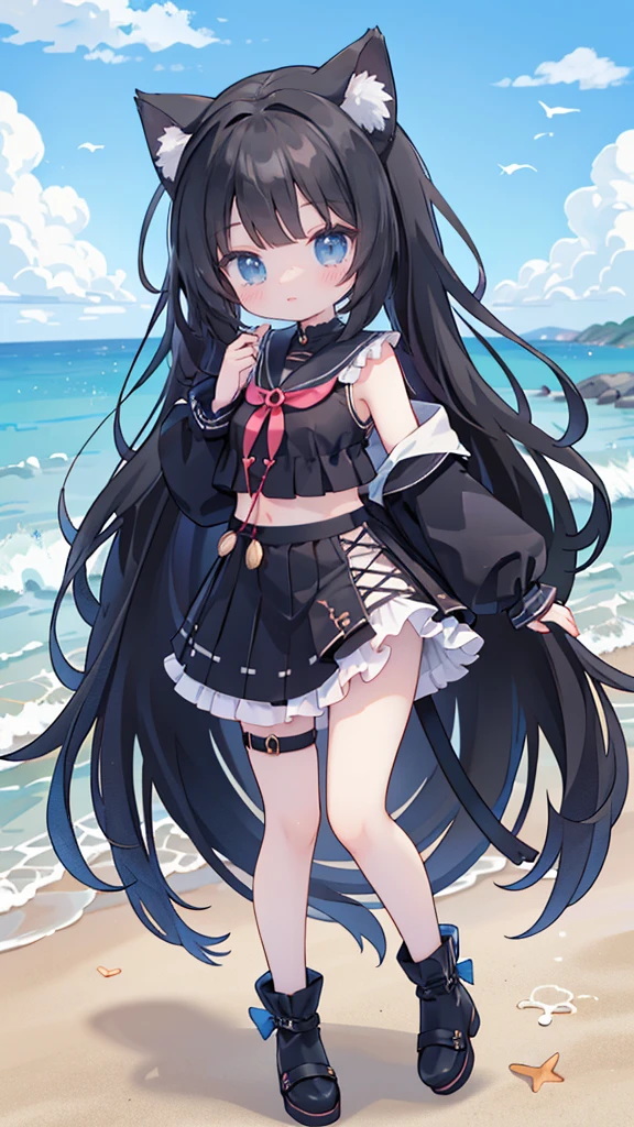 Dressed in black洋裝At the beach上、long hair、Anime girl wearing black shoes，Very beautiful animated cat girl，，美麗的anime cat girl，At the beach，可愛的anime cat girl，美麗的anime girl standing，At the beach，Dressed in black，Wearing a black miniskirt，穿著strappy high heels，strappy high heels，seductive anime girl，on the beach，anime cat girl，Anime cute art style，anime girl standing